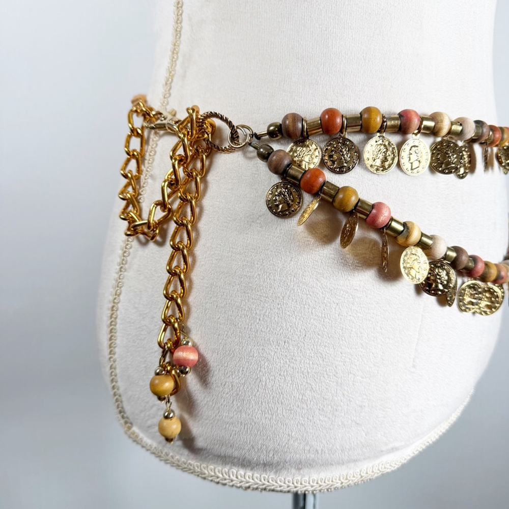 Boho Statement Layered Double Strand Waist Belt Coins Wood beads Hippie Gypsy OS - Picture 7 of 10